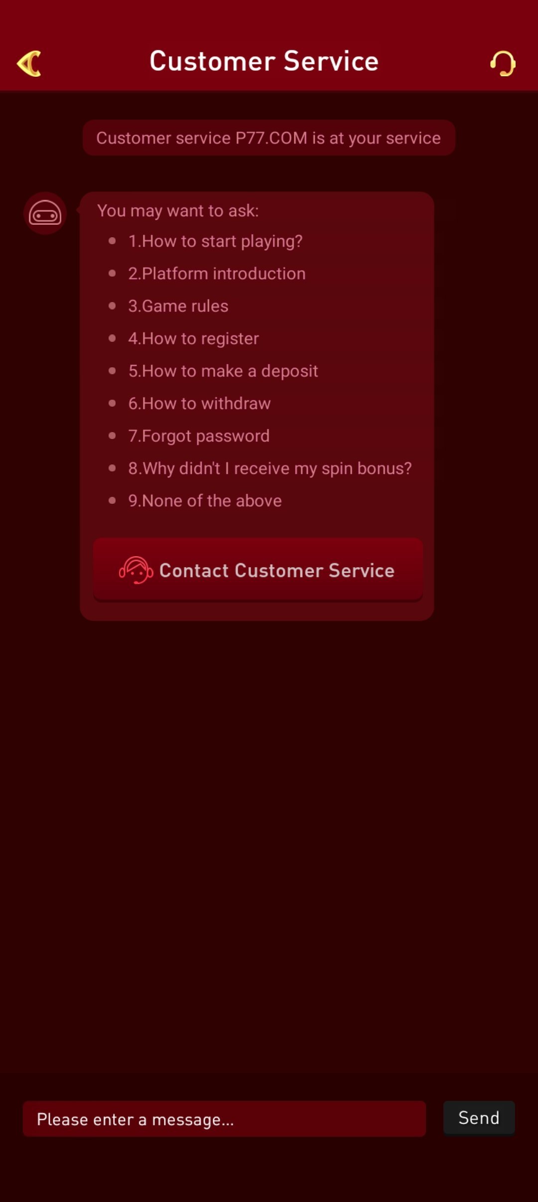 P77 India 24/7 customer service screen